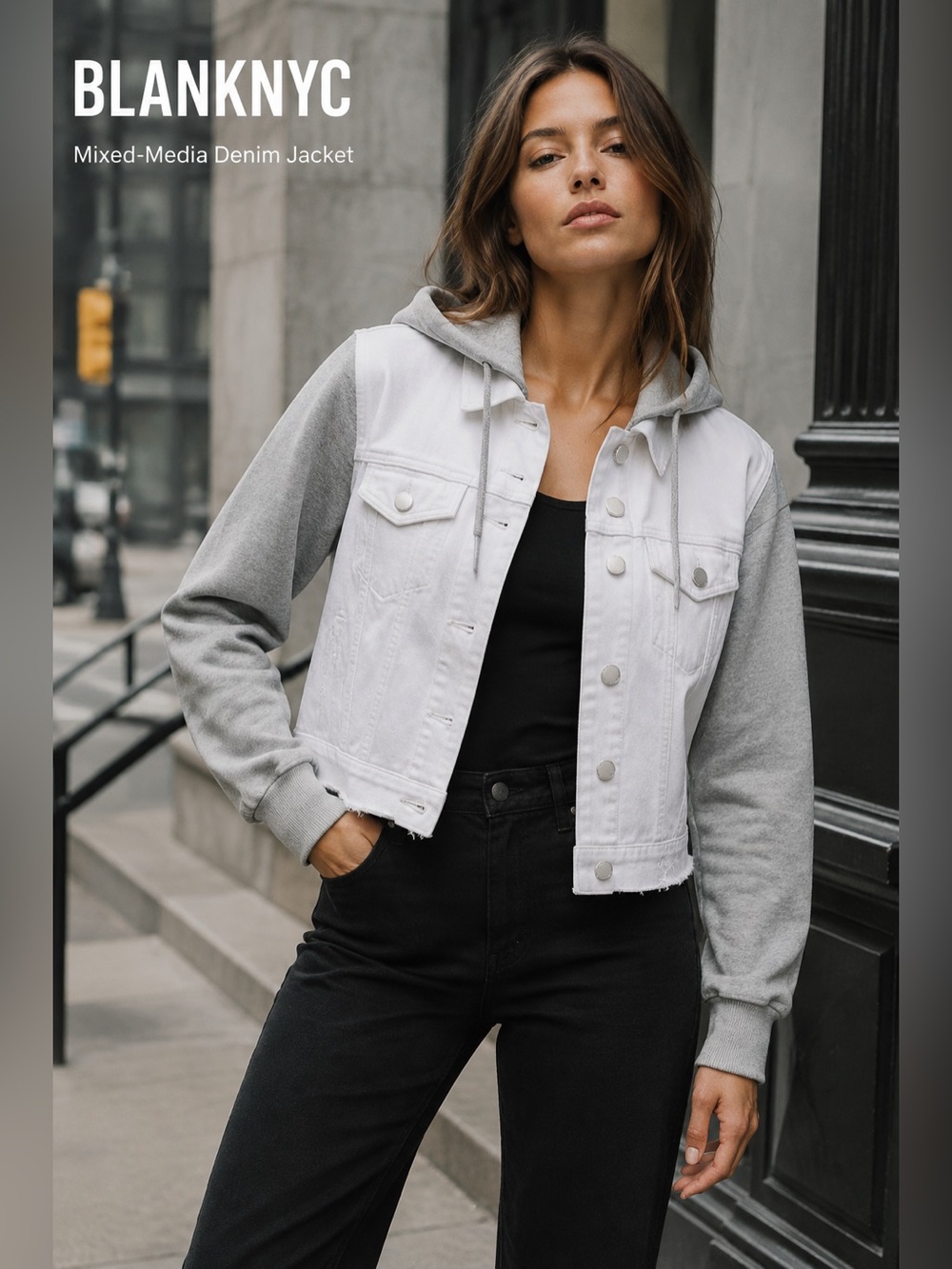 [BLANKNYC] Cropped Mixed-Media White Denim Jacket w/ Gray Sleeves & Hoodie